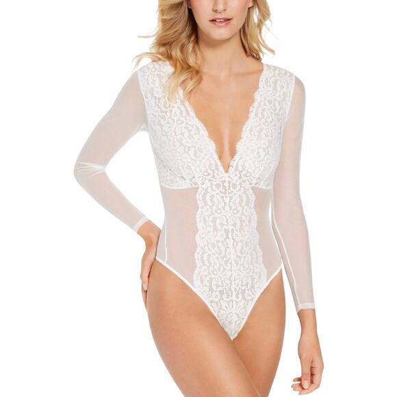 NWT INC International Concepts Long Sleeve Lace Mesh Bodysuit Women's S White - Picture 1 of 12